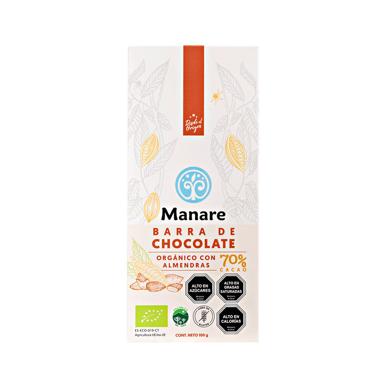 Barra de Chocolate con Almendras Organico 70% Cacao Manare 100 grs
