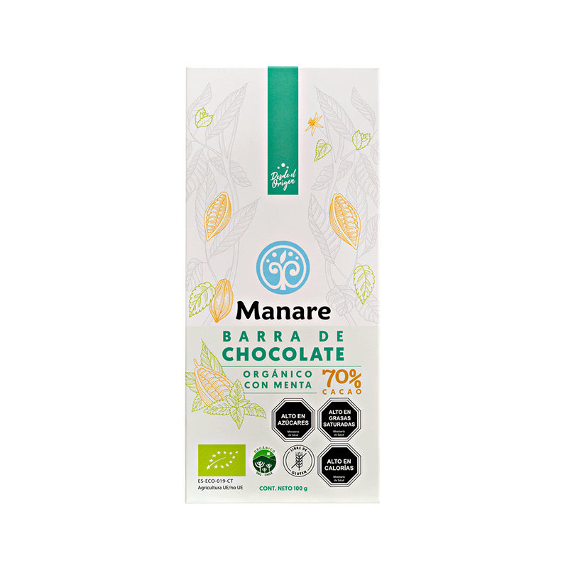 Barra de Chocolate con Menta Organico 70% Cacao Manare 100 grs